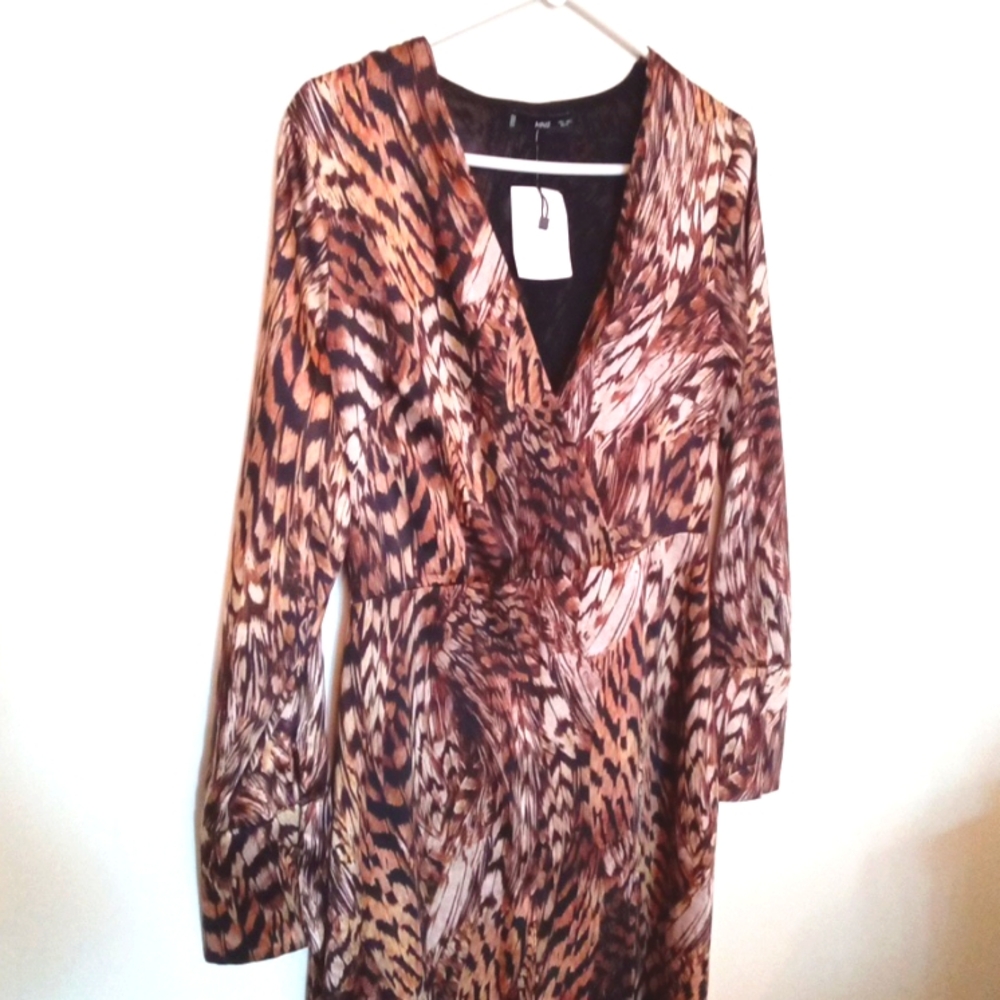 Mango Women's Bohemian Feather Print Maxi Dress with Faux Wrap Bodice